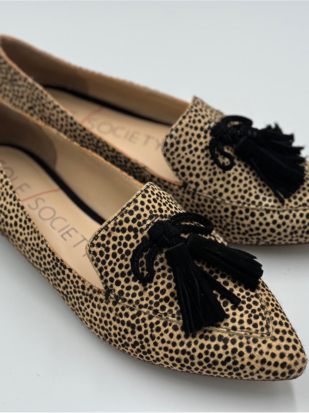 Sole Society Tan & Black Dotted Tassel Loafers